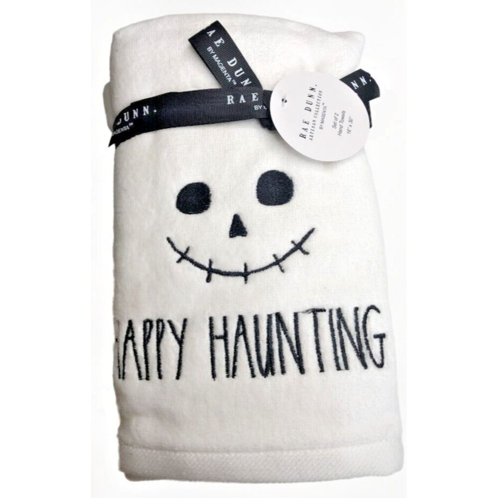 Rae Dunn Halloween Set of 2 Hand Towels Happy Haunting Skull Embroidered Spooky